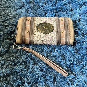 Justin Women's Brown Leather with Crochet Lace Accent Panel zip around  wallet